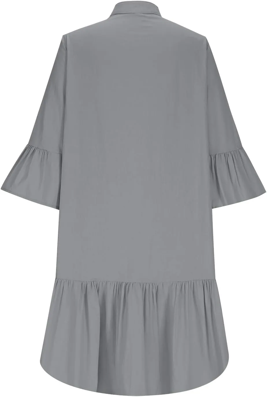 maisdgop Shirt Dresses for Women Casual V Neck 3/4 Sleeve Button Sundress Lightweight Cozy Cotton Linen Ruffle Mini Dress