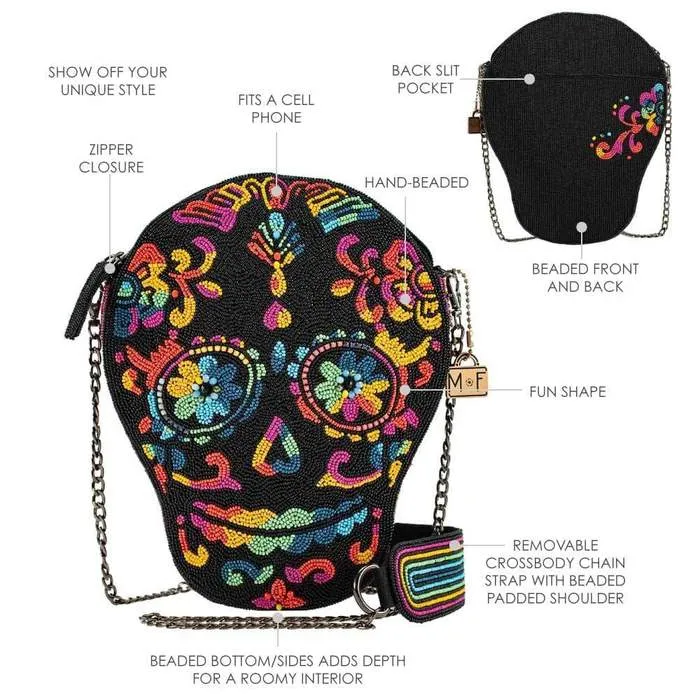 Mary Frances Out Of My Mind Beaded Crossbody Rainbow Skull Handbag
