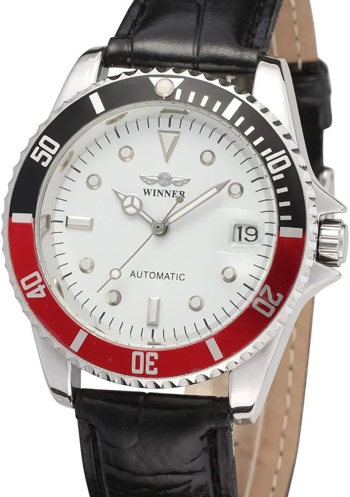MASTOP Men Automatic Mechanical Watches Waterproof Mens Watches with Calendar (Leather/White)