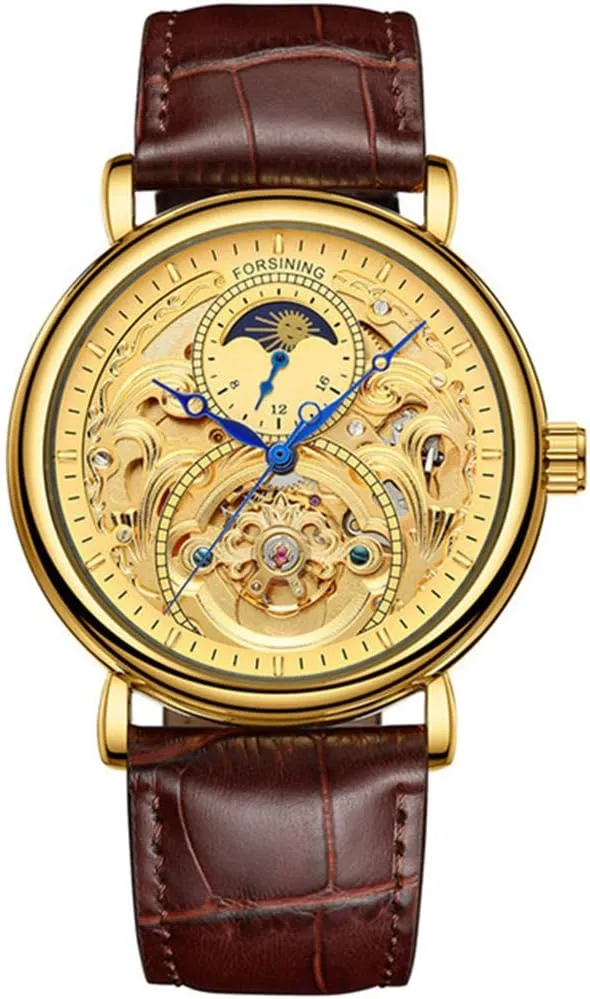 MASTOP Mens Automatic-Self-Wind Luxury Skeleton Watches 3D Hollow Design Stainless Steel Leather Wrist Watches (.)