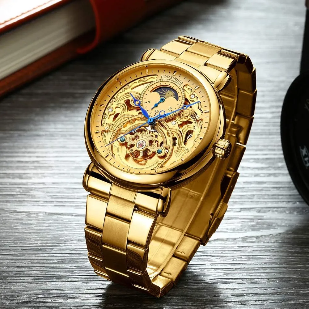 MASTOP Mens Automatic-Self-Wind Luxury Skeleton Watches 3D Hollow Design Stainless Steel Leather Wrist Watches