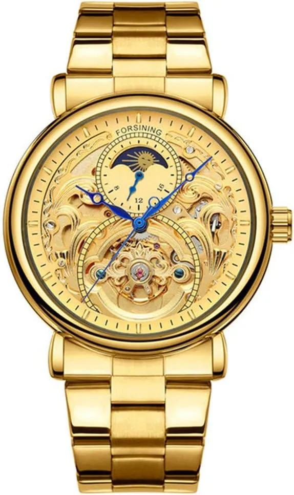 MASTOP Mens Automatic-Self-Wind Luxury Skeleton Watches 3D Hollow Design Stainless Steel Leather Wrist Watches