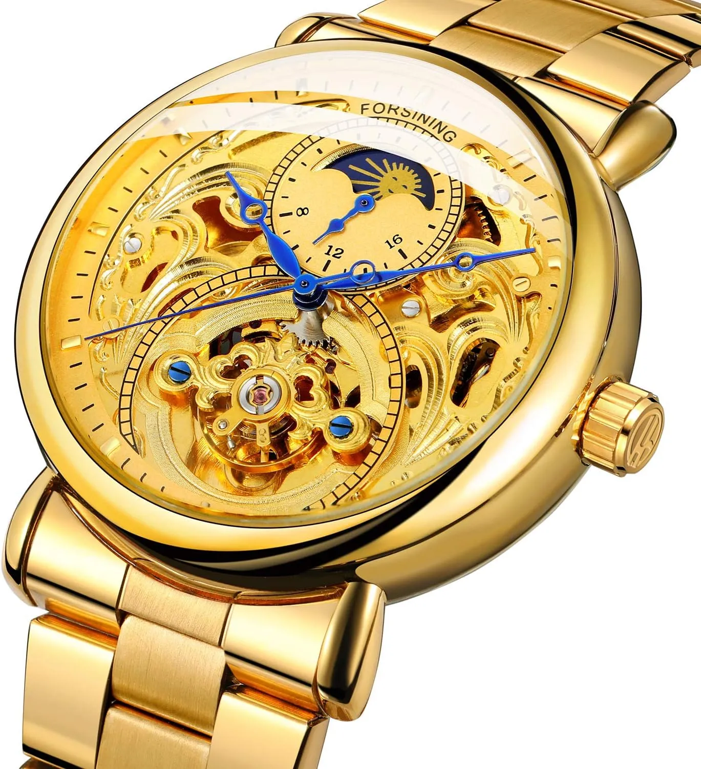 MASTOP Mens Automatic-Self-Wind Luxury Skeleton Watches 3D Hollow Design Stainless Steel Leather Wrist Watches