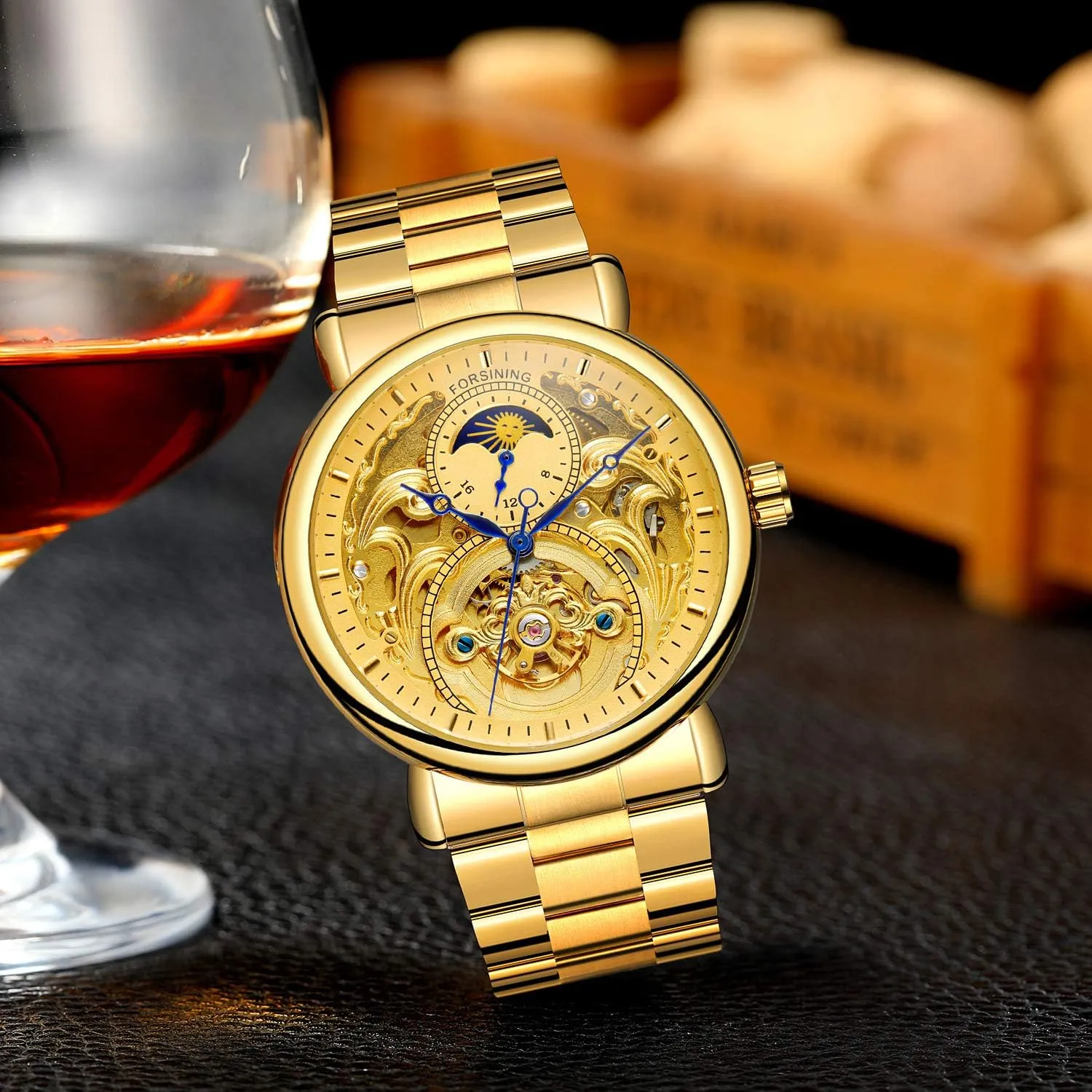 MASTOP Mens Automatic-Self-Wind Luxury Skeleton Watches 3D Hollow Design Stainless Steel Leather Wrist Watches