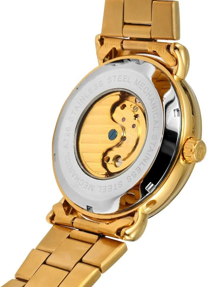 MASTOP Mens Automatic-Self-Wind Luxury Skeleton Watches 3D Hollow Design Stainless Steel Leather Wrist Watches