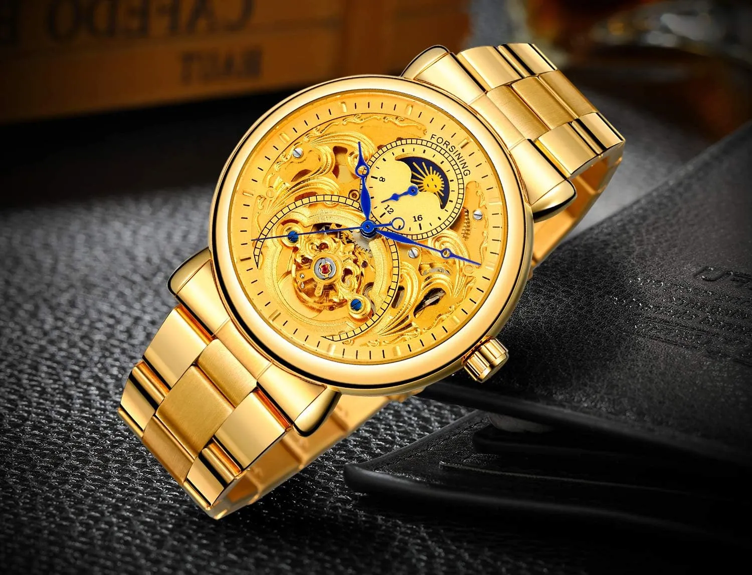 MASTOP Mens Automatic-Self-Wind Luxury Skeleton Watches 3D Hollow Design Stainless Steel Leather Wrist Watches