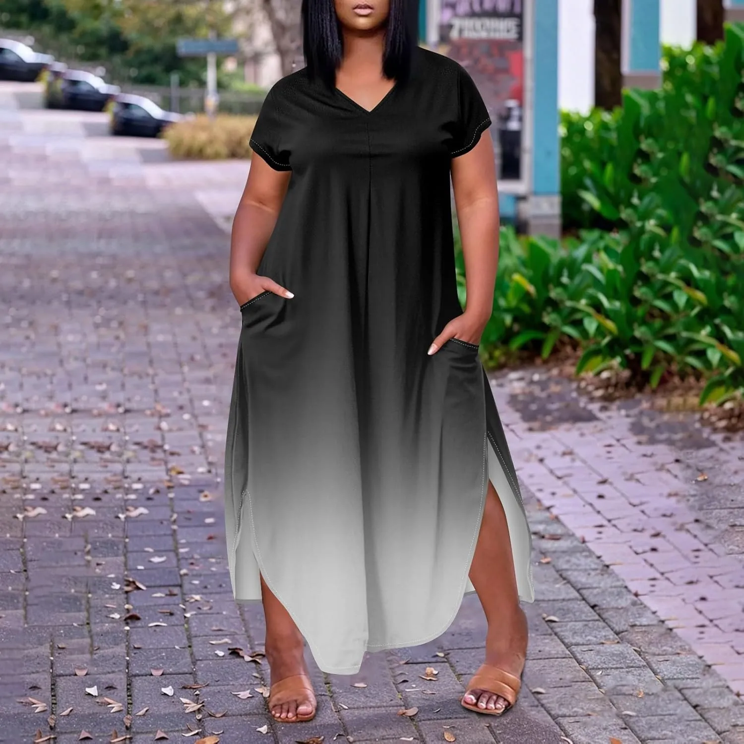 Maxi Dresses for Women 2025 Plus Size Tie Dye V Neck Dress Short Sleeve Side Split Beach Summer Sundress with Pocket