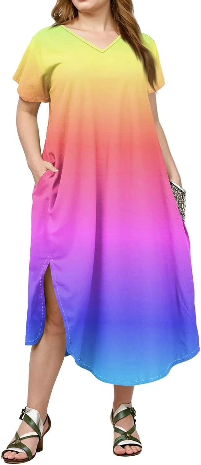 Maxi Dresses for Women 2025 Plus Size Tie Dye V Neck Dress Short Sleeve Side Split Beach Summer Sundress with Pocket