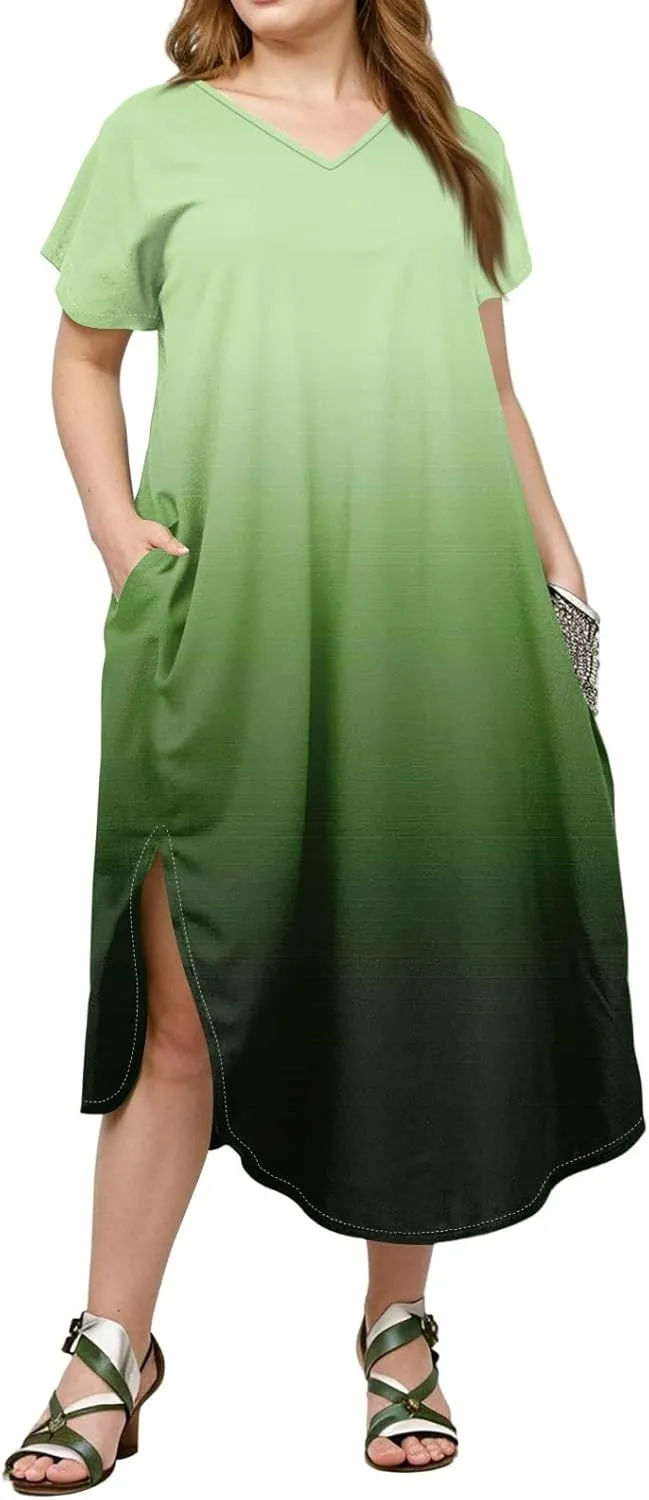 Maxi Dresses for Women 2025 Plus Size Tie Dye V Neck Dress Short Sleeve Side Split Beach Summer Sundress with Pocket