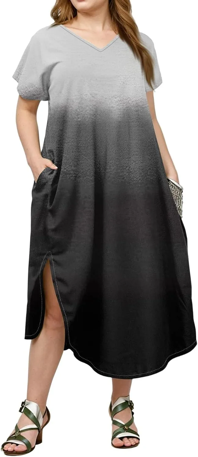 Maxi Dresses for Women 2025 Plus Size Tie Dye V Neck Dress Short Sleeve Side Split Beach Summer Sundress with Pocket