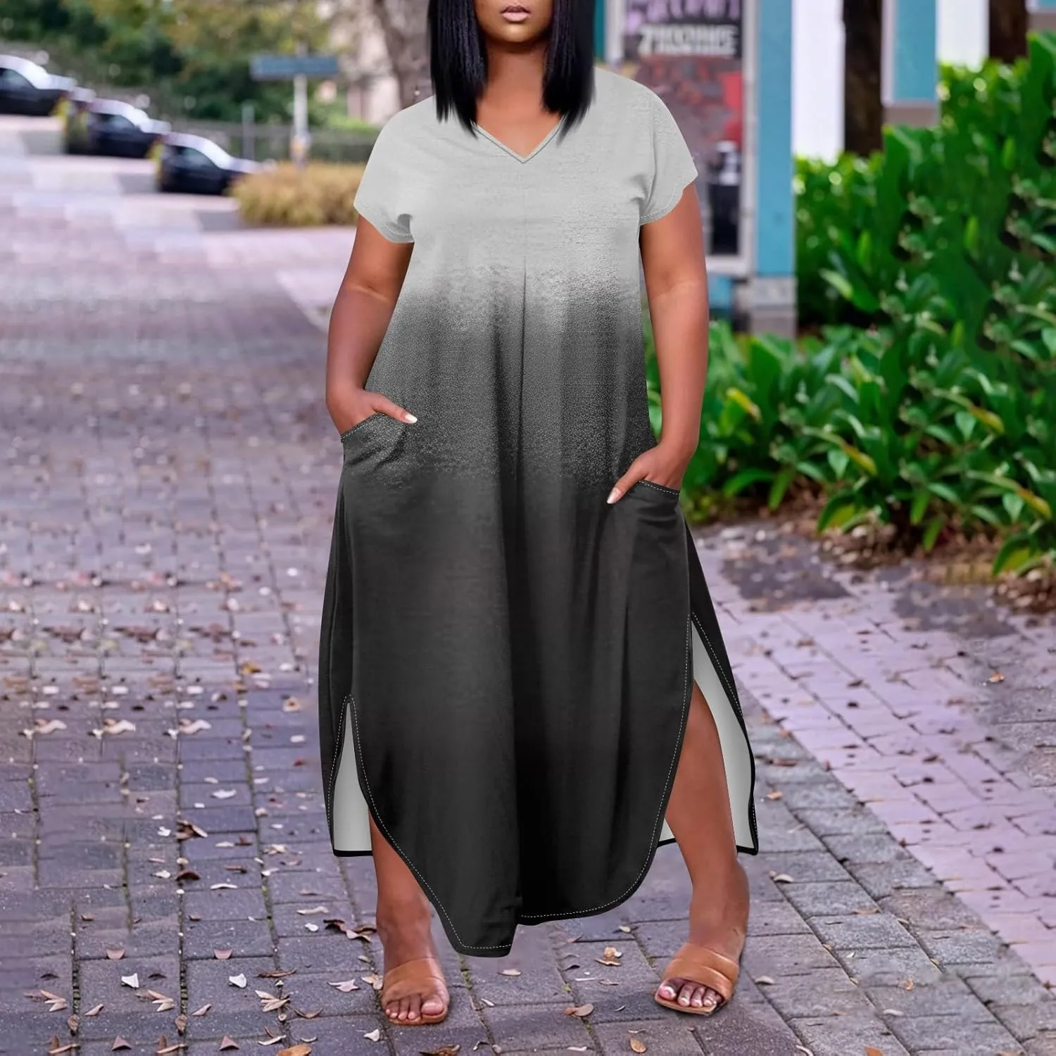 Maxi Dresses for Women 2025 Plus Size Tie Dye V Neck Dress Short Sleeve Side Split Beach Summer Sundress with Pocket