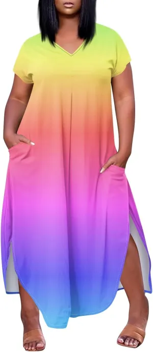 Maxi Dresses for Women 2025 Plus Size Tie Dye V Neck Dress Short Sleeve Side Split Beach Summer Sundress with Pocket