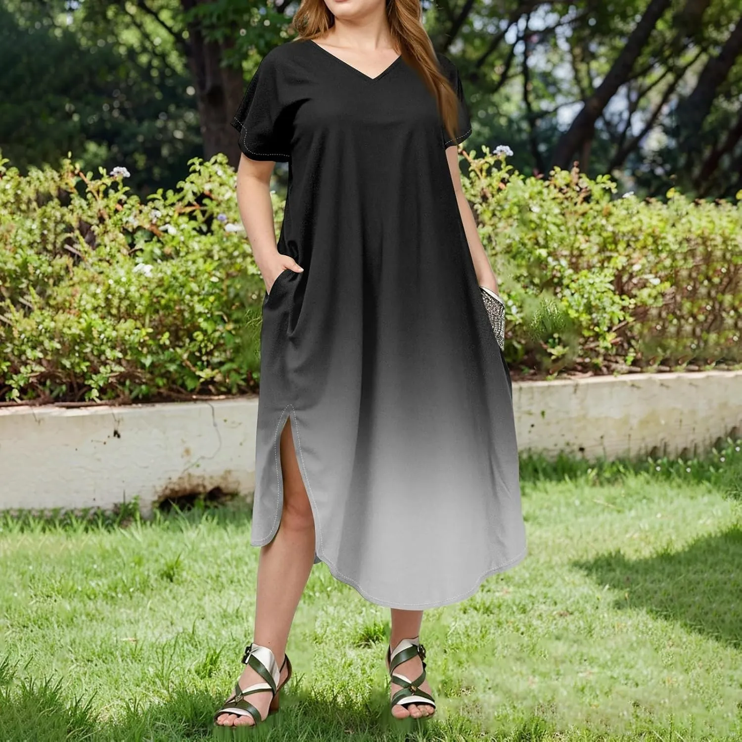 Maxi Dresses for Women 2025 Plus Size Tie Dye V Neck Dress Short Sleeve Side Split Beach Summer Sundress with Pocket