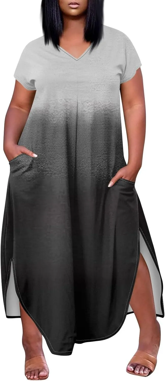 Maxi Dresses for Women 2025 Plus Size Tie Dye V Neck Dress Short Sleeve Side Split Beach Summer Sundress with Pocket