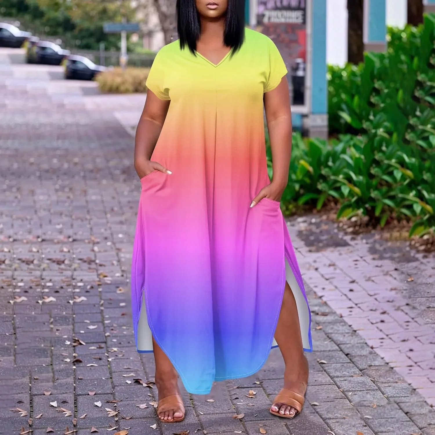 Maxi Dresses for Women 2025 Plus Size Tie Dye V Neck Dress Short Sleeve Side Split Beach Summer Sundress with Pocket