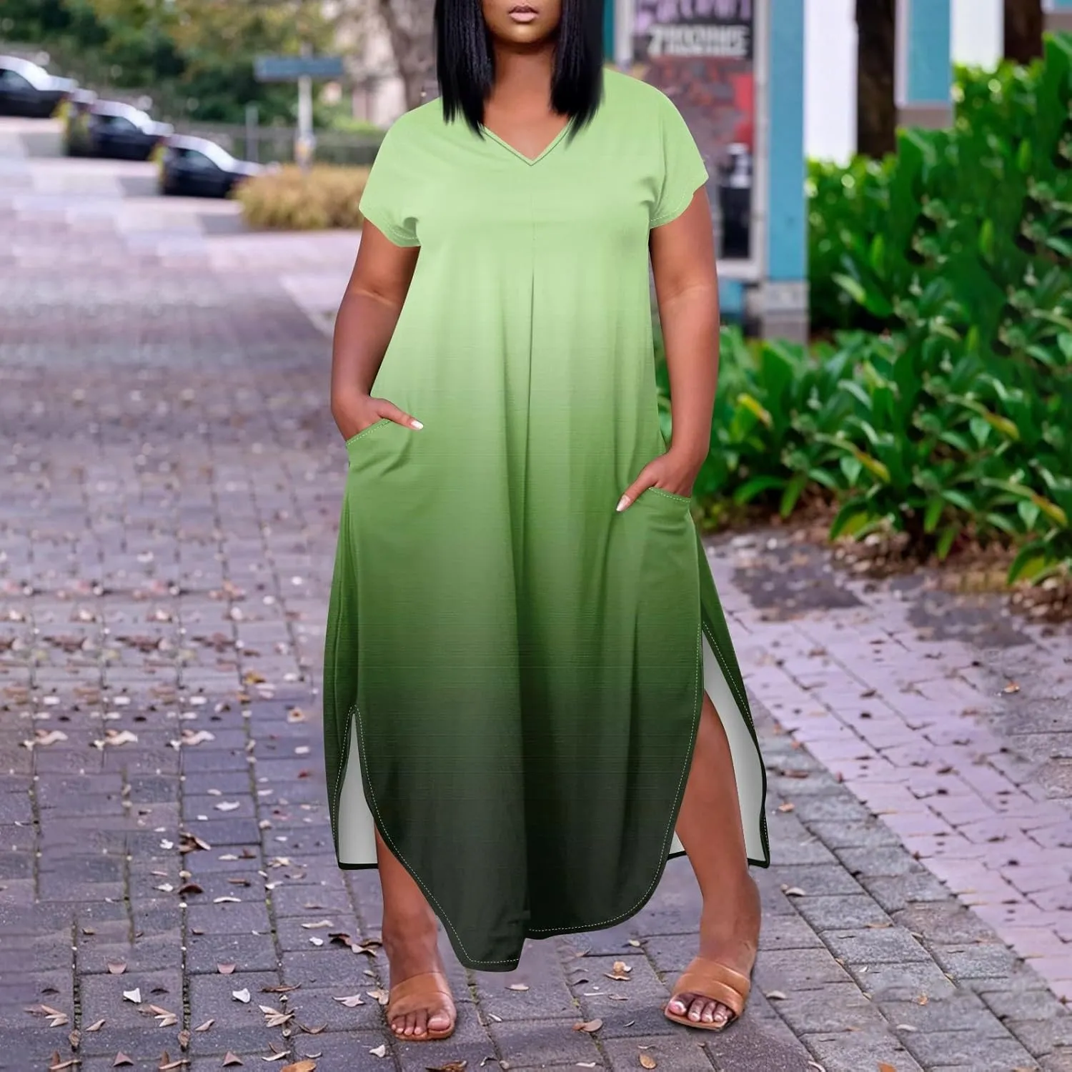 Maxi Dresses for Women 2025 Plus Size Tie Dye V Neck Dress Short Sleeve Side Split Beach Summer Sundress with Pocket