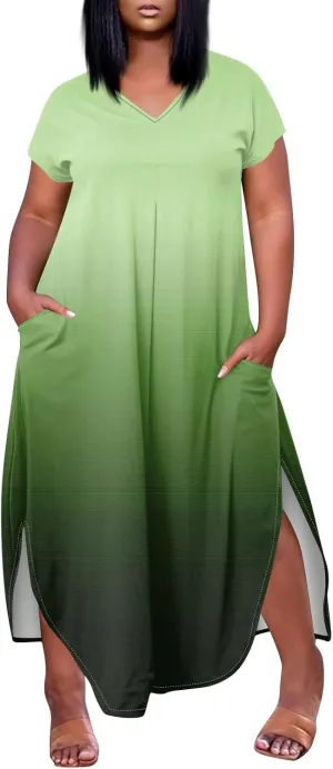 Maxi Dresses for Women 2025 Plus Size Tie Dye V Neck Dress Short Sleeve Side Split Beach Summer Sundress with Pocket