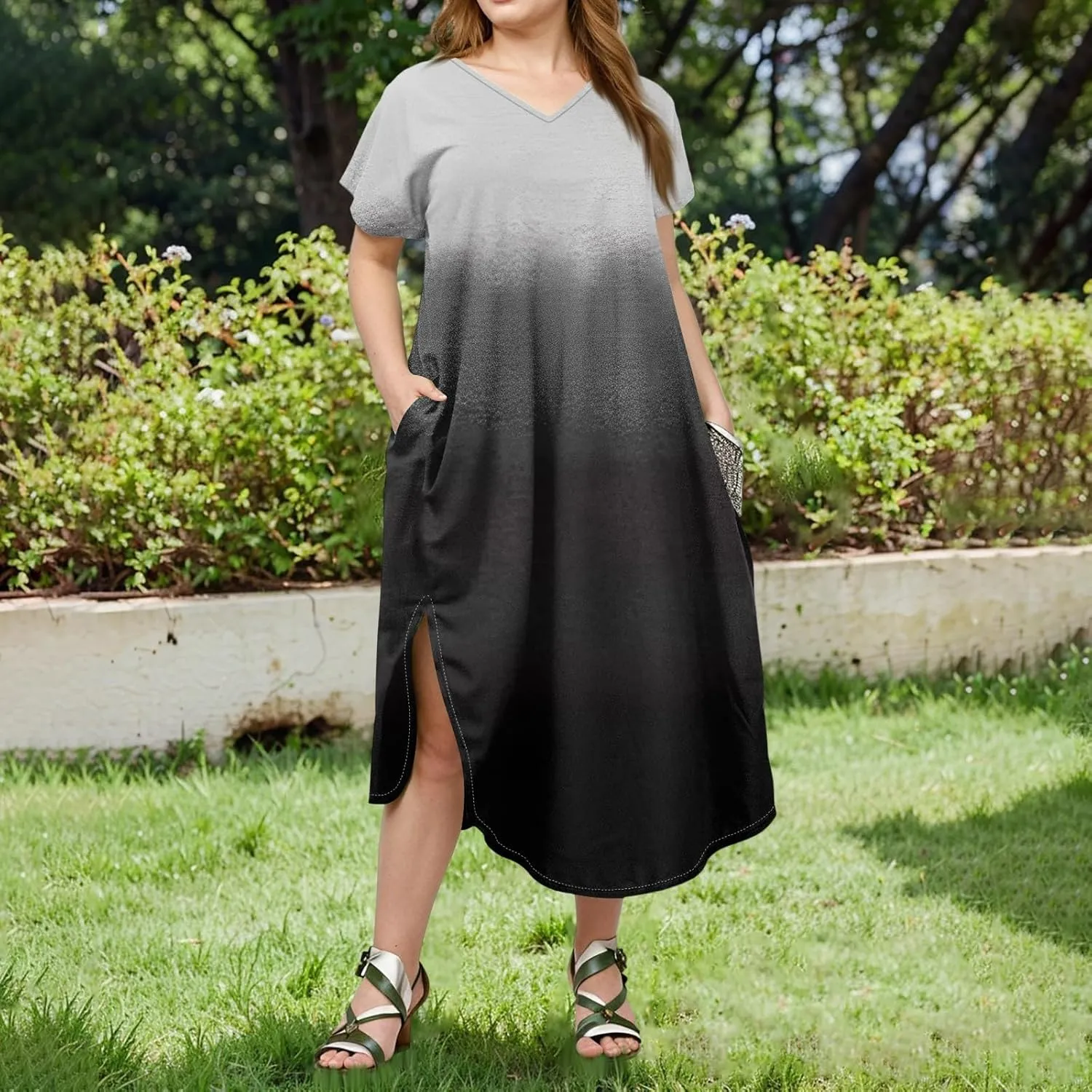Maxi Dresses for Women 2025 Plus Size Tie Dye V Neck Dress Short Sleeve Side Split Beach Summer Sundress with Pocket