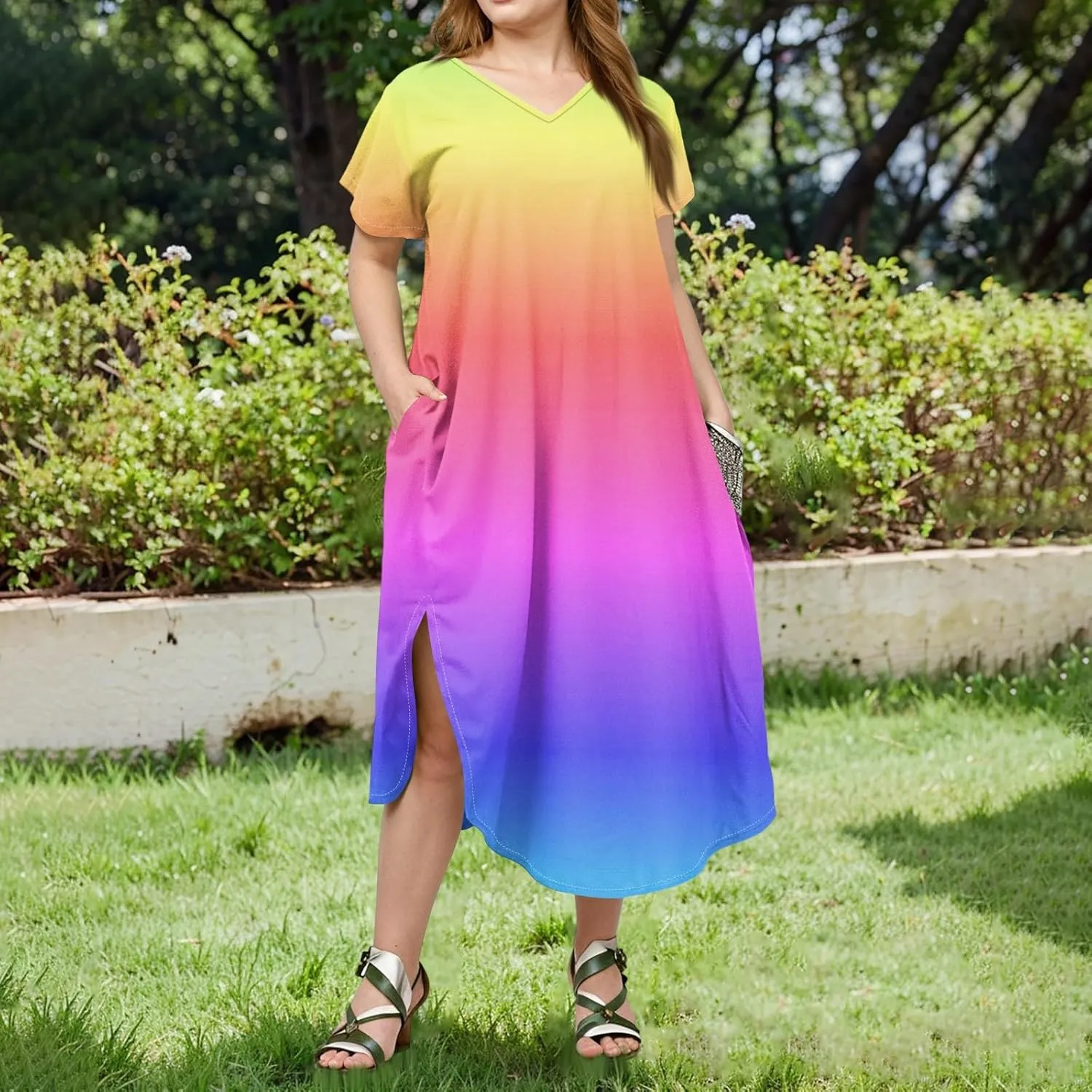 Maxi Dresses for Women 2025 Plus Size Tie Dye V Neck Dress Short Sleeve Side Split Beach Summer Sundress with Pocket