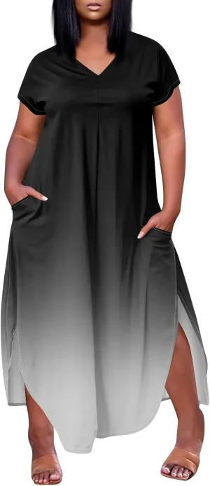 Maxi Dresses for Women 2025 Plus Size Tie Dye V Neck Dress Short Sleeve Side Split Beach Summer Sundress with Pocket