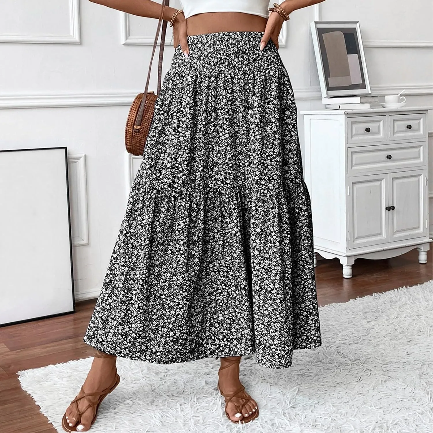 Maxi Skirts for Women Elastic High Waist A Line Pleated Skirt Boho Print Floral Flowy Skirt Beach Fashion