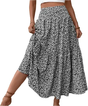 Maxi Skirts for Women Elastic High Waist A Line Pleated Skirt Boho Print Floral Flowy Skirt Beach Fashion