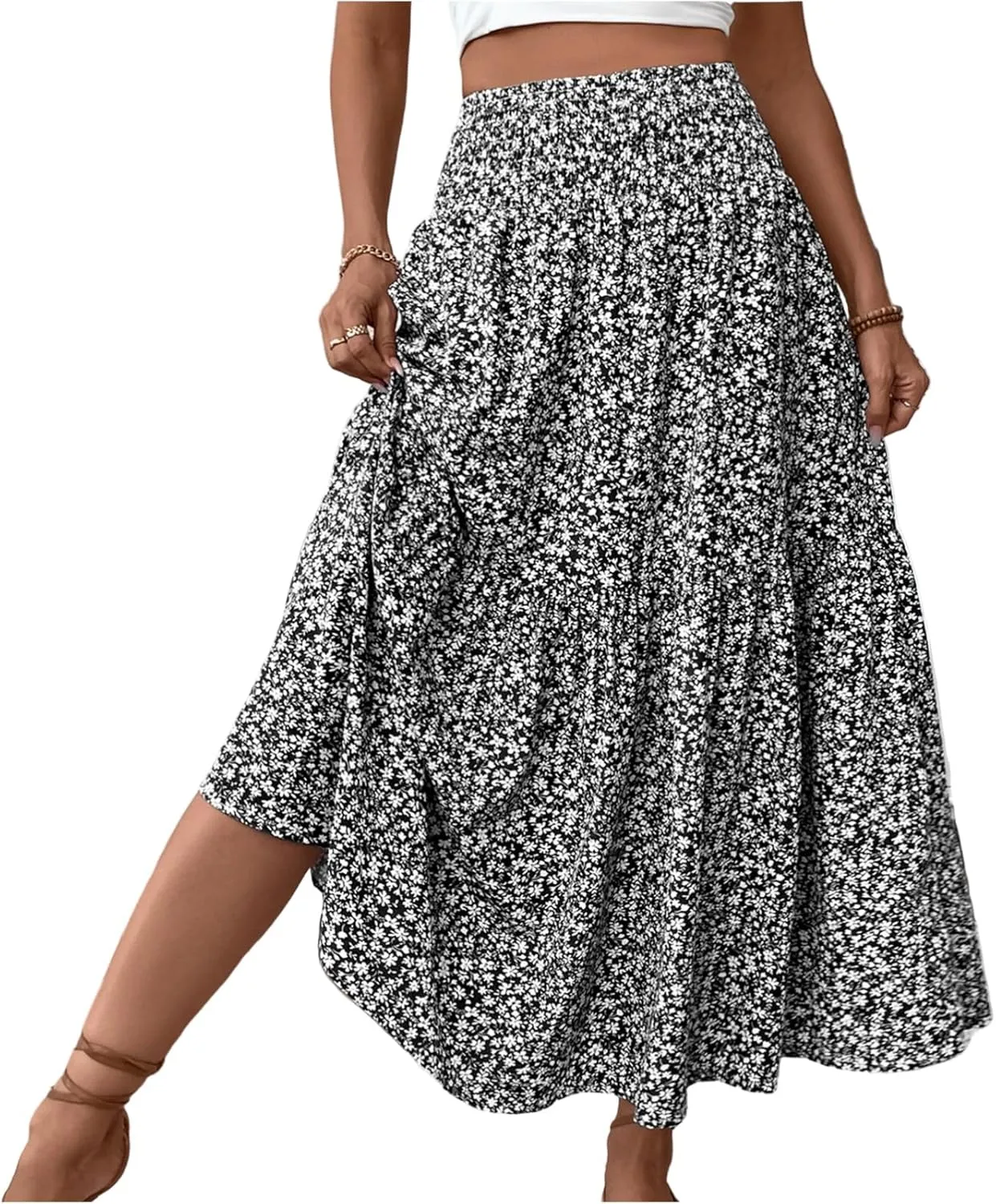 Maxi Skirts for Women Elastic High Waist A Line Pleated Skirt Boho Print Floral Flowy Skirt Beach Fashion