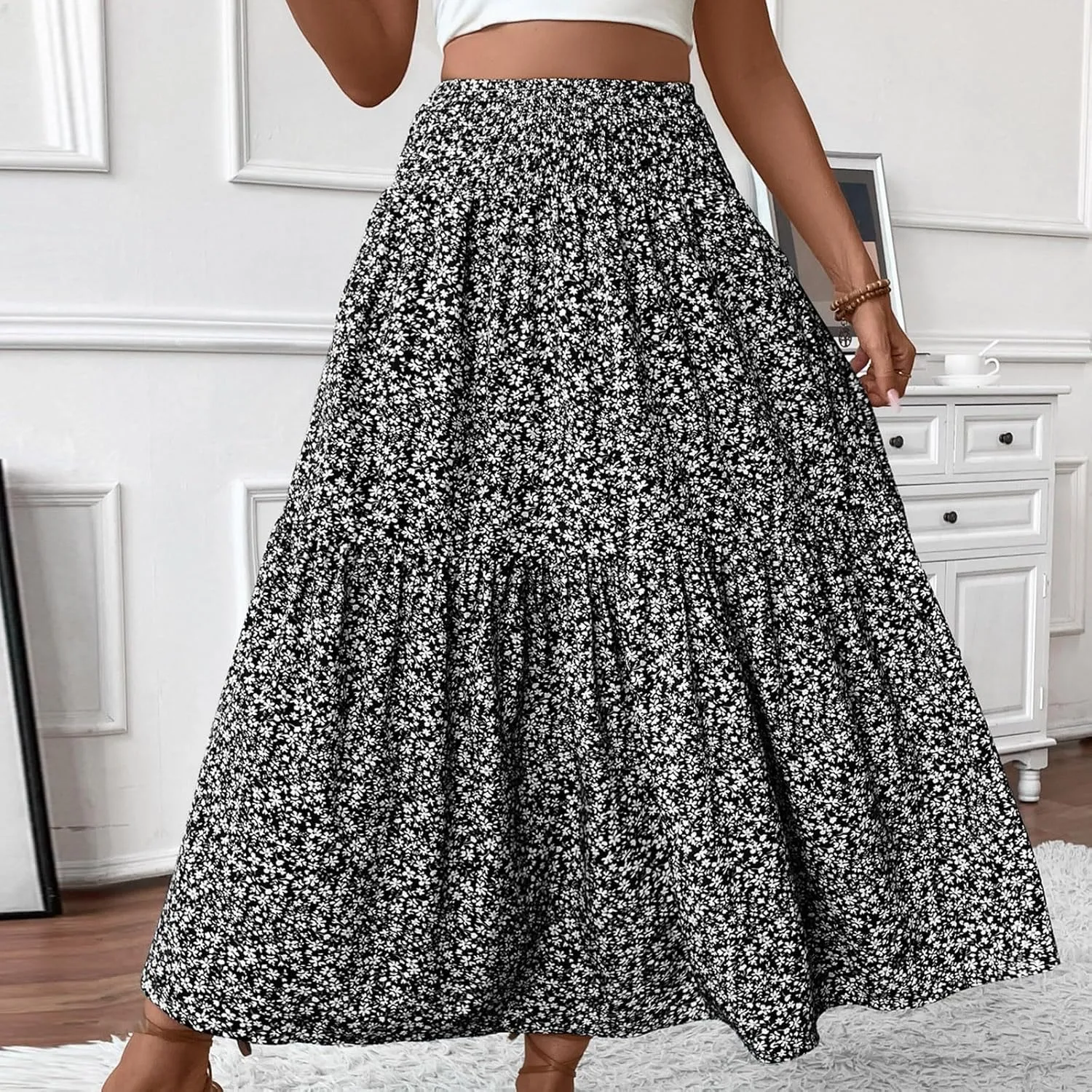 Maxi Skirts for Women Elastic High Waist A Line Pleated Skirt Boho Print Floral Flowy Skirt Beach Fashion
