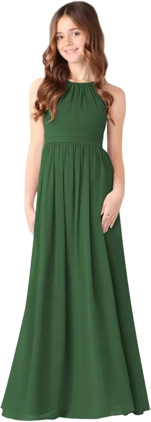 MCieloLuna Halter Junior Bridesmaids Dresses Summer Sleeveless Flowing Chiffon Flower Girl Dress for Wedding Lace Up