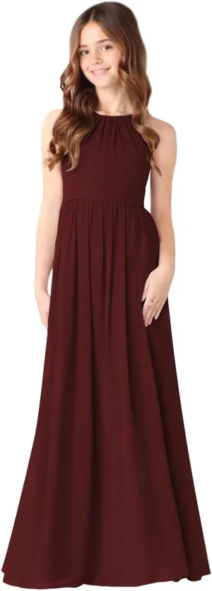 MCieloLuna Halter Junior Bridesmaids Dresses Summer Sleeveless Flowing Chiffon Flower Girl Dress for Wedding Lace Up
