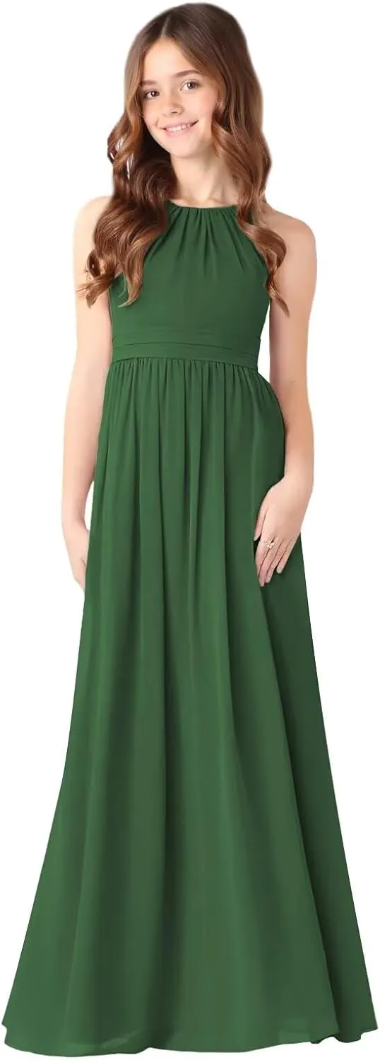 MCieloLuna Halter Junior Bridesmaids Dresses Summer Sleeveless Flowing Chiffon Flower Girl Dress for Wedding Lace Up