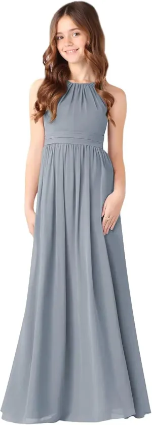 MCieloLuna Halter Junior Bridesmaids Dresses Summer Sleeveless Flowing Chiffon Flower Girl Dress for Wedding Lace Up
