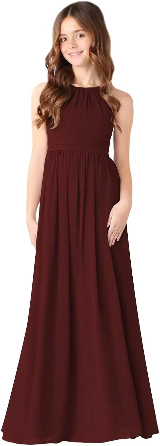 MCieloLuna Halter Junior Bridesmaids Dresses Summer Sleeveless Flowing Chiffon Flower Girl Dress for Wedding Lace Up