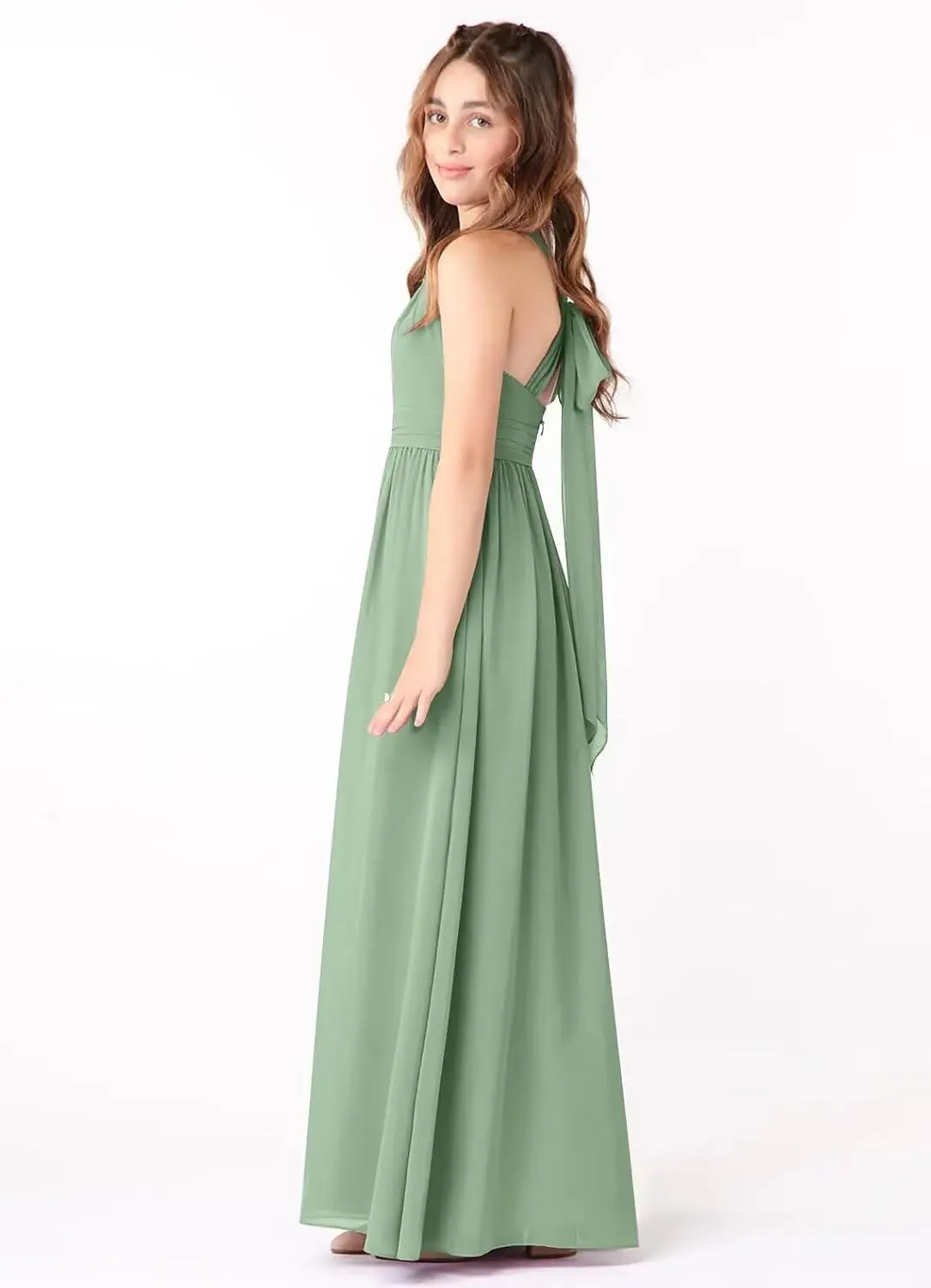 MCieloLuna Halter Junior Bridesmaids Dresses Summer Sleeveless Flowing Chiffon Flower Girl Dress for Wedding Lace Up