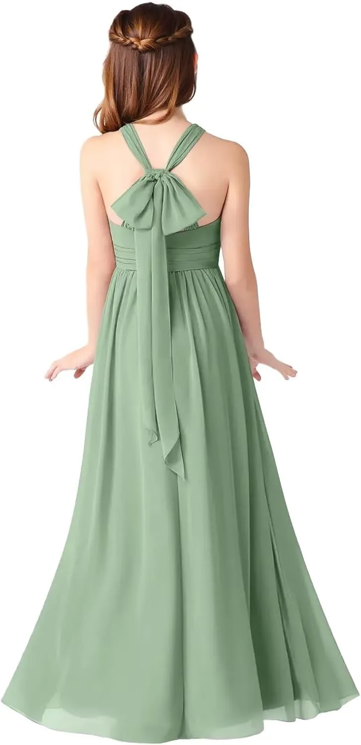 MCieloLuna Halter Junior Bridesmaids Dresses Summer Sleeveless Flowing Chiffon Flower Girl Dress for Wedding Lace Up