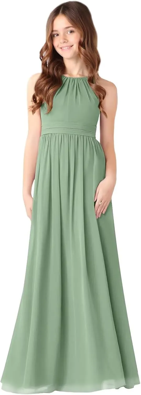 MCieloLuna Halter Junior Bridesmaids Dresses Summer Sleeveless Flowing Chiffon Flower Girl Dress for Wedding Lace Up