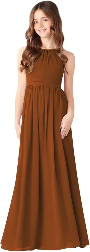 MCieloLuna Halter Junior Bridesmaids Dresses Summer Sleeveless Flowing Chiffon Flower Girl Dress for Wedding Lace Up