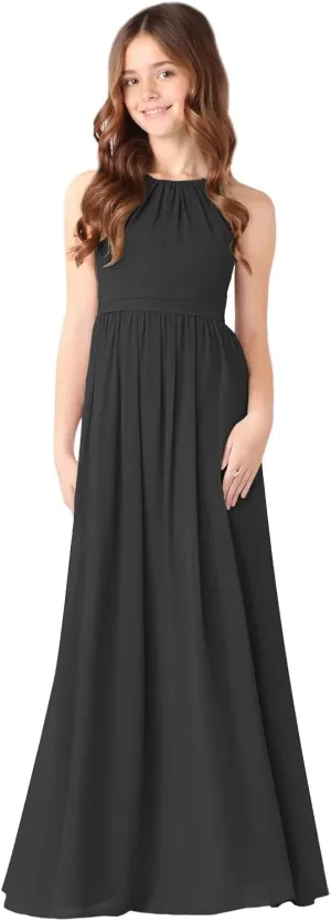 MCieloLuna Halter Junior Bridesmaids Dresses Summer Sleeveless Flowing Chiffon Flower Girl Dress for Wedding Lace Up