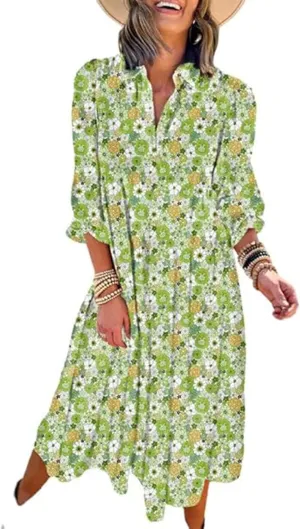 Melliflo Women's Summer Ruched Floral Maxi Dress Boho Long Puff Sleeve Loose Fit Dress Lapel V Neck Ruffle Hem Beach Sundress