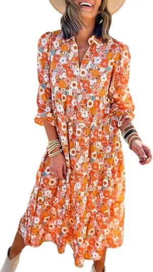 Melliflo Women's Summer Ruched Floral Maxi Dress Boho Long Puff Sleeve Loose Fit Dress Lapel V Neck Ruffle Hem Beach Sundress