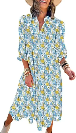 Melliflo Women's Summer Ruched Floral Maxi Dress Boho Long Puff Sleeve Loose Fit Dress Lapel V Neck Ruffle Hem Beach Sundress