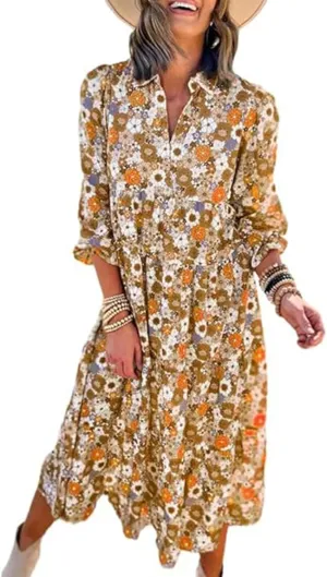 Melliflo Women's Summer Ruched Floral Maxi Dress Boho Long Puff Sleeve Loose Fit Dress Lapel V Neck Ruffle Hem Beach Sundress