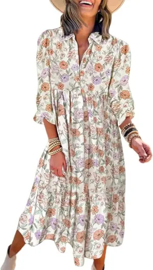 Melliflo Women's Summer Ruched Floral Maxi Dress Boho Long Puff Sleeve Loose Fit Dress Lapel V Neck Ruffle Hem Beach Sundress