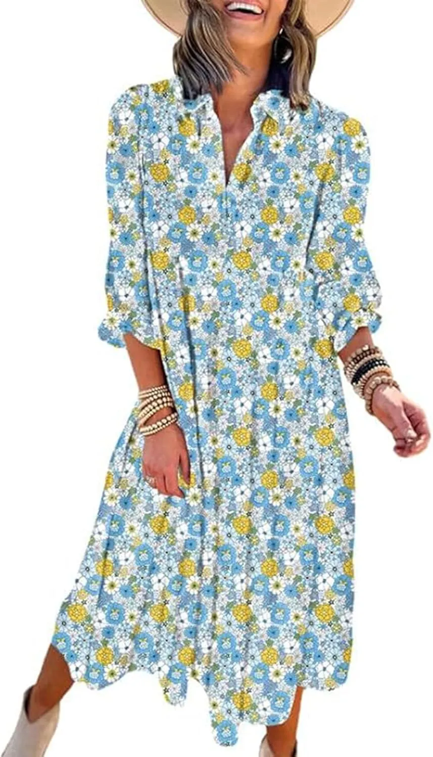 Melliflo Women's Summer Ruched Floral Maxi Dress Boho Long Puff Sleeve Loose Fit Dress Lapel V Neck Ruffle Hem Beach Sundress