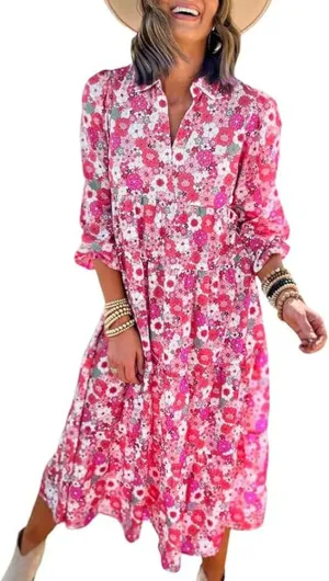 Melliflo Women's Summer Ruched Floral Maxi Dress Boho Long Puff Sleeve Loose Fit Dress Lapel V Neck Ruffle Hem Beach Sundress