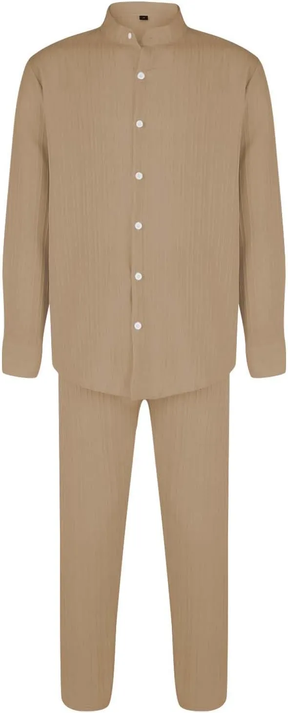 Men Casual Outfits Long Sleeve Button Shirt & Pull On Tapered Trousers Set Spring and Summer Lightweight Solid Versatile Suit