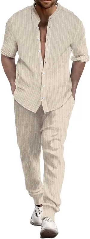 Men Casual Outfits Long Sleeve Button Shirt & Pull On Tapered Trousers Set Spring and Summer Lightweight Solid Versatile Suit