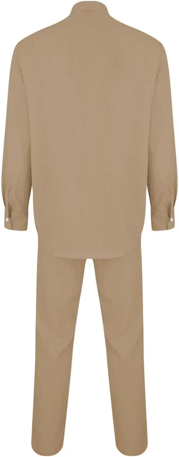 Men Casual Outfits Long Sleeve Button Shirt & Pull On Tapered Trousers Set Spring and Summer Lightweight Solid Versatile Suit