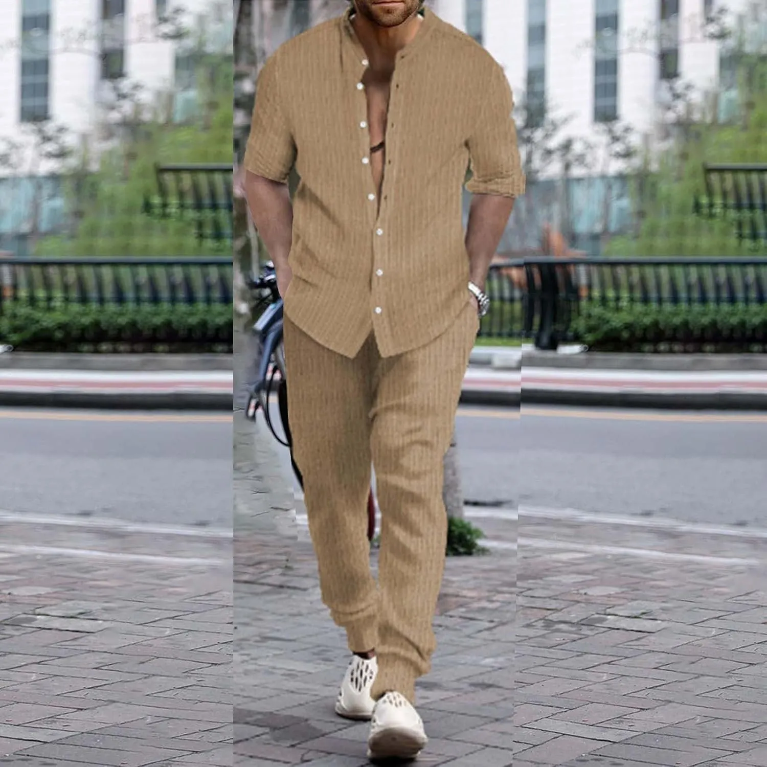 Men Casual Outfits Long Sleeve Button Shirt & Pull On Tapered Trousers Set Spring and Summer Lightweight Solid Versatile Suit