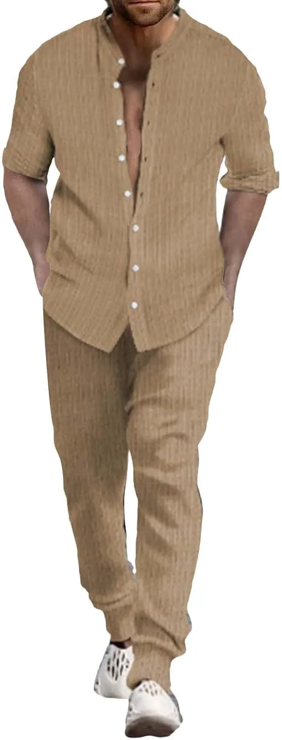 Men Casual Outfits Long Sleeve Button Shirt & Pull On Tapered Trousers Set Spring and Summer Lightweight Solid Versatile Suit